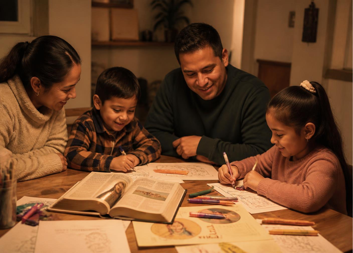 Familia latina compartiendo actividades bíblicas alrededor de la mesa