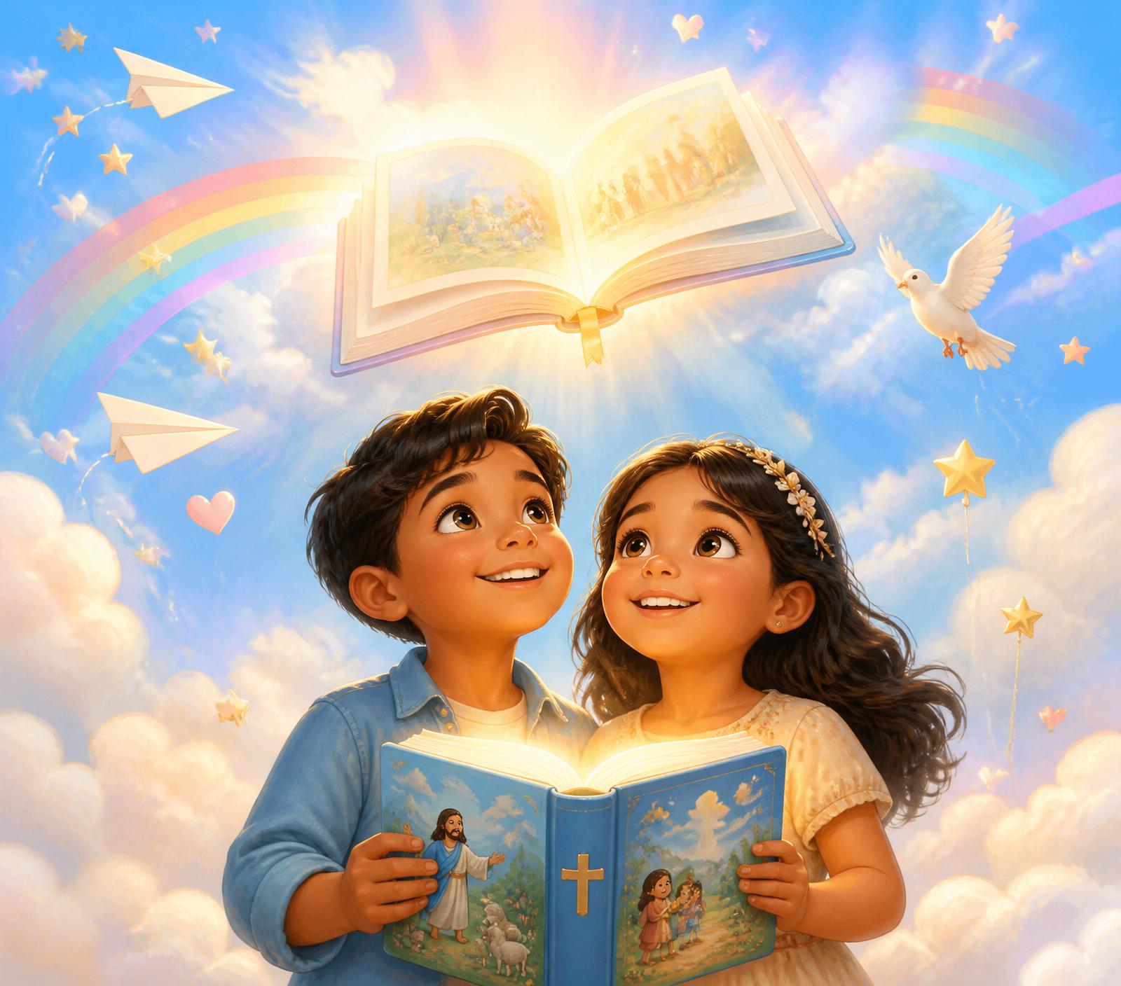 Niños cristianos felices con la Biblia iluminada
