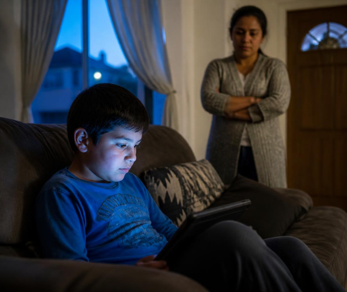 Niño absorto frente a una tablet mientras su mamá lo observa preocupada